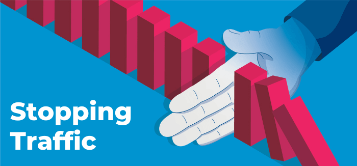 hand stopping red blocks from falling over with text 